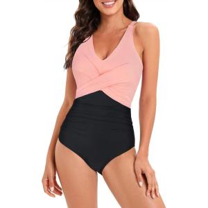 imageAmerican Trends Swimsuit Women One Piece Tummy Control Bathing Suit for Women Modest V Neck Swimwear01 Pinkblack