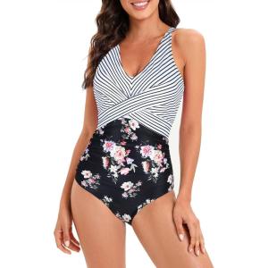 imageAmerican Trends Swimsuit Women One Piece Tummy Control Bathing Suit for Women Modest V Neck Swimwear01 Stripe Print