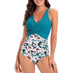 imageAmerican Trends Swimsuit Women One Piece Tummy Control Bathing Suit for Women Modest V Neck Swimwear03 Blue Pink Print