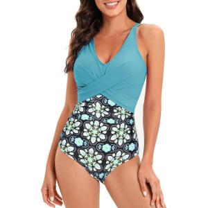 imageAmerican Trends Swimsuit Women One Piece Tummy Control Bathing Suit for Women Modest V Neck Swimwear04 Blue Green Print