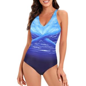 imageAmerican Trends Swimsuit Women One Piece Tummy Control Bathing Suit for Women Modest V Neck Swimwear06 Sky Blue Stripes