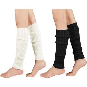 imageAmerican Trends Leg Warmers for Women Girls 80s Ribbed Leg Warmer for Neon Party Knitted Fall Winter Sports Socks2 Packblackwhite