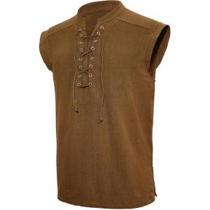 imageAmerican Trends Renaissance Costume Men Pirate Shirt Sleeveless Laceup Medieval Viking Outfit Steampunk Gothic Top TunicBrown