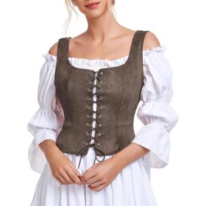 imageAmerican Trends Women Pirate Renaissance Vest Cosplay Costume Waistcoat Halloween Steampunk Gothic Medieval BodiceCoffee Brown