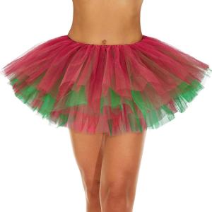 imageWomens Tutu Skirt Elastic 5 Layered Vintage Tulle Ballet Skirt Party Festival CostumeRed Green