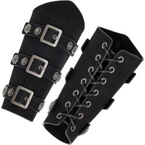 imageLeather Gauntlet Wristband Medieval Bracers 1 Pair Viking Wrist Retro Renaissance Guards Vintage Costumes AccessoriesBlack