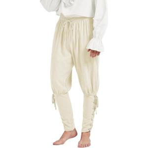 imageMens Pirate Pants Ankle Banded Renaissance Pants Medieval Viking Navigator Pants Halloween Costume Cosplay with DrawstringsBeige