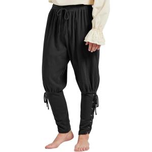 imageMens Pirate Pants Ankle Banded Renaissance Pants Medieval Viking Navigator Pants Halloween Costume Cosplay with DrawstringsBlack