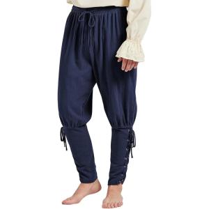 imageMens Pirate Pants Ankle Banded Renaissance Pants Medieval Viking Navigator Pants Halloween Costume Cosplay with DrawstringsNavy Blue