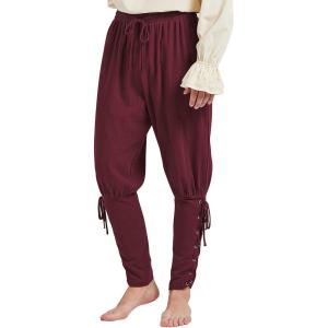 imageMens Pirate Pants Ankle Banded Renaissance Pants Medieval Viking Navigator Pants Halloween Costume Cosplay with DrawstringsWine Red