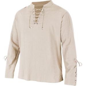 imageMens Pirate Shirt Medieval Renaissance Steampunk Retro Long Sleeve Lace up T Shirt Viking Gothic Halloween Costume TopBeige