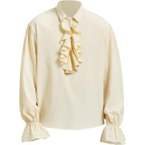 imageMens Pirate Shirt Medieval Renaissance Victorian Costume Ruffled Steampunk Vampire Gothic Halloween TopsBeige