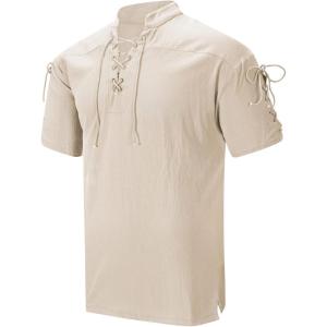 imageMens Pirate Shirt Medieval Renaissance Viking Costume Short Sleeve Shirt Steampunk Retro Gothic Costume TopZ Beige