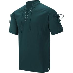 imageMens Pirate Shirt Medieval Renaissance Viking Costume Short Sleeve Shirt Steampunk Retro Gothic Costume TopZ Dark Green
