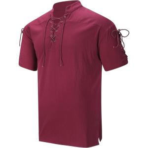 imageMens Pirate Shirt Medieval Renaissance Viking Costume Short Sleeve Shirt Steampunk Retro Gothic Costume TopZ Wine