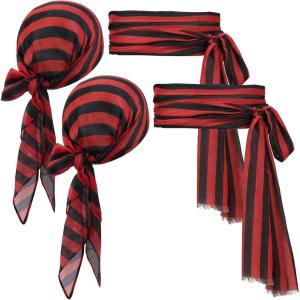 imagePirate Costume Accessories Women Men 2 Pairs Pirate Scarf Hat Sash Belt Halloween Cosplay Pirate Scarf Bandana Headband2 Black and Red 1