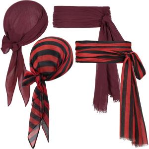 imagePirate Costume Accessories Women Men 2 Pairs Pirate Scarf Hat Sash Belt Halloween Cosplay Pirate Scarf Bandana Headband2 Red Black Strip and Wine Red