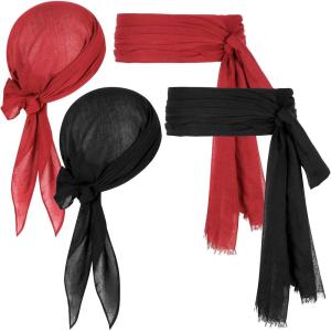 imagePirate Costume Accessories Women Men 2 Pairs Pirate Scarf Hat Sash Belt Halloween Cosplay Pirate Scarf Bandana Headband2 Red and Black