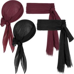 imagePirate Costume Accessories Women Men 2 Pairs Pirate Scarf Hat Sash Belt Halloween Cosplay Pirate Scarf Bandana Headband2 Wine Red and Black