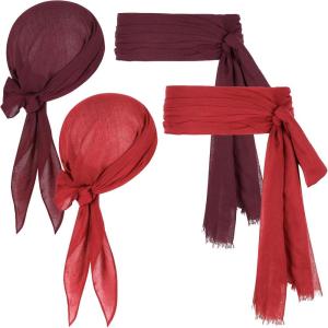 imagePirate Costume Accessories Women Men 2 Pairs Pirate Scarf Hat Sash Belt Halloween Cosplay Pirate Scarf Bandana Headband2 Wine Red and Red