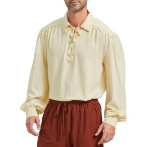 imagePirate Shirt Men Renaissance Faire Costume Medieval Victorian Shirt Vampire Gothic Steampunk Costume Halloween Cosplay TopsBeige