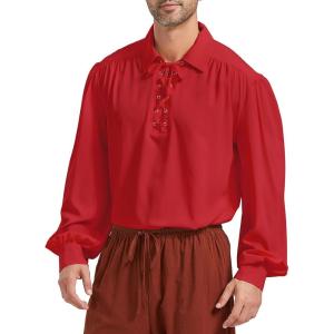imagePirate Shirt Men Renaissance Faire Costume Medieval Victorian Shirt Vampire Gothic Steampunk Costume Halloween Cosplay TopsRed
