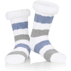 imageAmerican Trends Fuzzy Socks for Women House Socks Indoor Winter Warm Furry Socks Athletic Socks for ChristmasBlue Grey Stripes