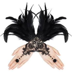 imageAmerican Trends Womens Lace Feather Long Gloves Gothic Mesh Witch Spider Web for Halloween Costume Accessories Costume1 Pair Baroque Lace Black