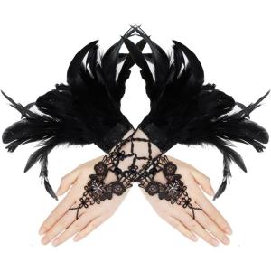 imageAmerican Trends Womens Lace Feather Long Gloves Gothic Mesh Witch Spider Web for Halloween Costume Accessories Costume1 Pair Cross Lace Black