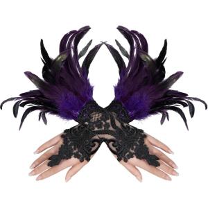 imageAmerican Trends Womens Lace Feather Long Gloves Gothic Mesh Witch Spider Web for Halloween Costume Accessories Costume1 Pair Purple