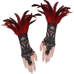 imageAmerican Trends Womens Lace Feather Long Gloves Gothic Mesh Witch Spider Web for Halloween Costume Accessories Costume1 Pair Red