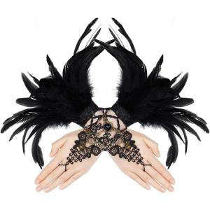 imageAmerican Trends Womens Lace Feather Long Gloves Gothic Mesh Witch Spider Web for Halloween Costume Accessories Costume1 Pair Steampunk Lace Black
