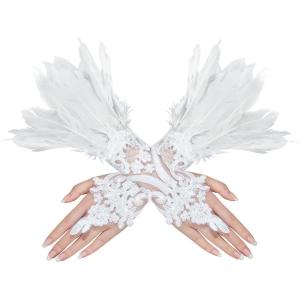 imageAmerican Trends Womens Lace Feather Long Gloves Gothic Mesh Witch Spider Web for Halloween Costume Accessories Costume1 Pair White