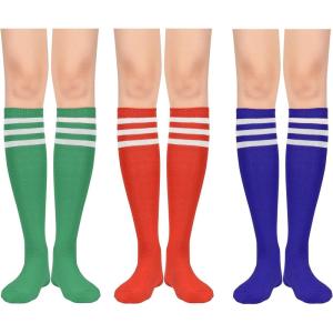 imageWomens Athletic Knee High Socks Outdoor Sport Thigh High Stockings Casual Stripes Tube Socks3 Pack Red Blue Green