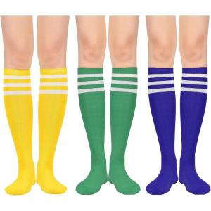 imageWomens Athletic Knee High Socks Outdoor Sport Thigh High Stockings Casual Stripes Tube Socks3 Pack Yellow Green Blue