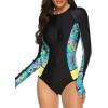 imageWomens Athletic One Piece Swimsuits Long Sleeve Swimsuit Sports Surfing Swimwear Bathing SuitsBlack Green Print