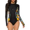 imageWomens Athletic One Piece Swimsuits Long Sleeve Swimsuit Sports Surfing Swimwear Bathing SuitsBlack Yellow Floral