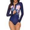 imageWomens Athletic One Piece Swimsuits Long Sleeve Swimsuit Sports Surfing Swimwear Bathing SuitsBlue Pink Floral