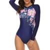imageWomens Athletic One Piece Swimsuits Long Sleeve Swimsuit Sports Surfing Swimwear Bathing SuitsBlue Pink Floral