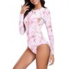 imageWomens Athletic One Piece Swimsuits Long Sleeve Swimsuit Sports Surfing Swimwear Bathing SuitsLeaf Pink