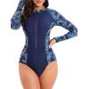 imageWomens Athletic One Piece Swimsuits Long Sleeve Swimsuit Sports Surfing Swimwear Bathing SuitsNavy Leaf