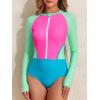 imageWomens Athletic One Piece Swimsuits Long Sleeve Swimsuit Sports Surfing Swimwear Bathing SuitsNeon Print