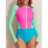 imageWomens Athletic One Piece Swimsuits Long Sleeve Swimsuit Sports Surfing Swimwear Bathing SuitsNeon Print