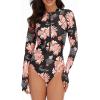 imageWomens Athletic One Piece Swimsuits Long Sleeve Swimsuit Sports Surfing Swimwear Bathing SuitsPink Flower