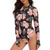 imageWomens Athletic One Piece Swimsuits Long Sleeve Swimsuit Sports Surfing Swimwear Bathing SuitsPink Flower