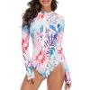 imageWomens Athletic One Piece Swimsuits Long Sleeve Swimsuit Sports Surfing Swimwear Bathing SuitsRed Blue Flower