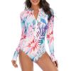 imageWomens Athletic One Piece Swimsuits Long Sleeve Swimsuit Sports Surfing Swimwear Bathing SuitsRed Blue Flower