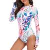 imageWomens Athletic One Piece Swimsuits Long Sleeve Swimsuit Sports Surfing Swimwear Bathing SuitsRed Blue Flower