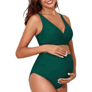 imageAmerican Trends Maternity Swimsuit High Waisted Bikini Set Two Piece Pregnancy Bathing Suit Swimwear Swimming SuitGreen