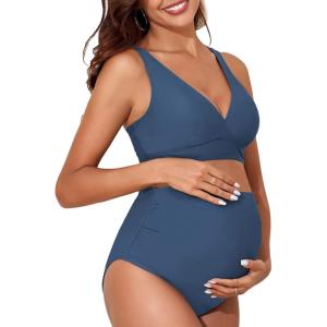 imageAmerican Trends Maternity Swimsuit High Waisted Bikini Set Two Piece Pregnancy Bathing Suit Swimwear Swimming SuitNavy
